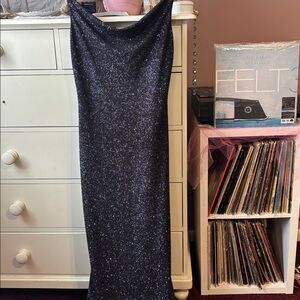 Vintage 90’s Y2K Glitter Slip Maxi Gown Navy Blue Dress Column Iconic USA Hot M